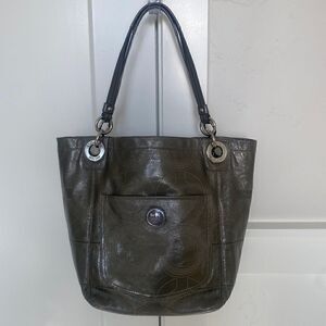 Coach Women’s Patent Leather Gray Stitched Monogram Top Zip Shoulder Handbag